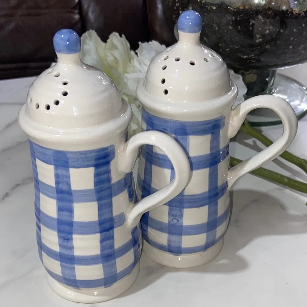 Country Living Blue and White Checkered Ceramic Salt and Pepper Shakers